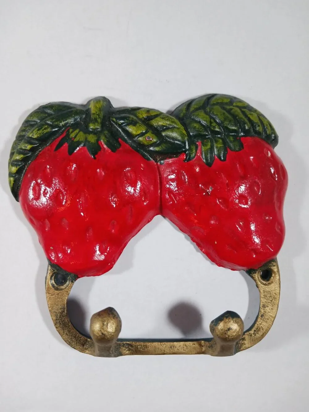 French Vintage Hand Painted Cast Iron Double Coat Hook Strawberry